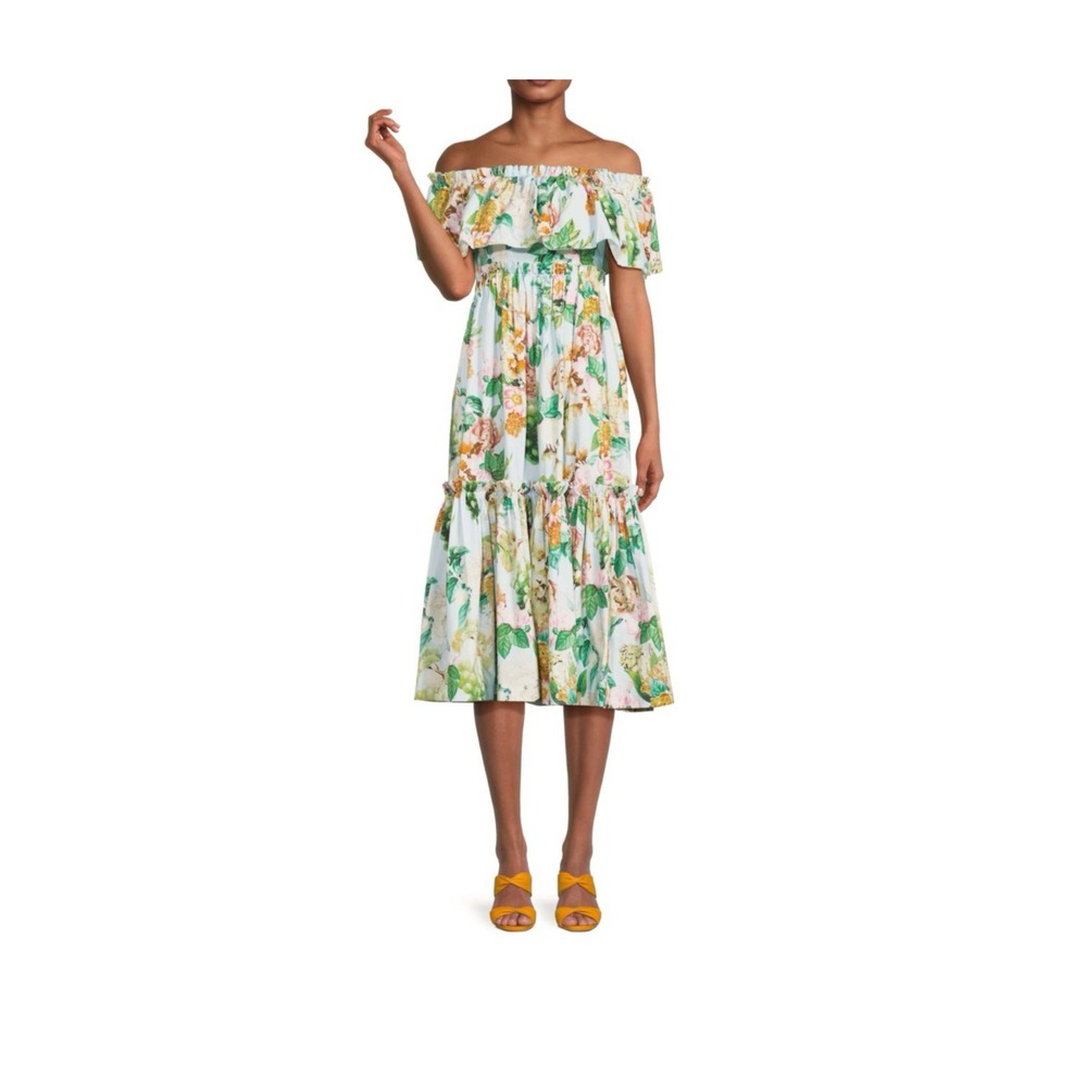 Cara Cara Floral Marta Off-The-Shoulder Tiered‎ Ruffle Midi Dress Blue Poplin